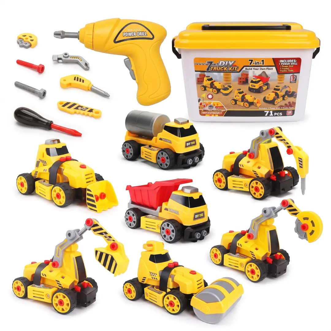 7-in-1 Take Apart Construction Truck Set with Electric Drill – STEM Toy for Kids image 6
