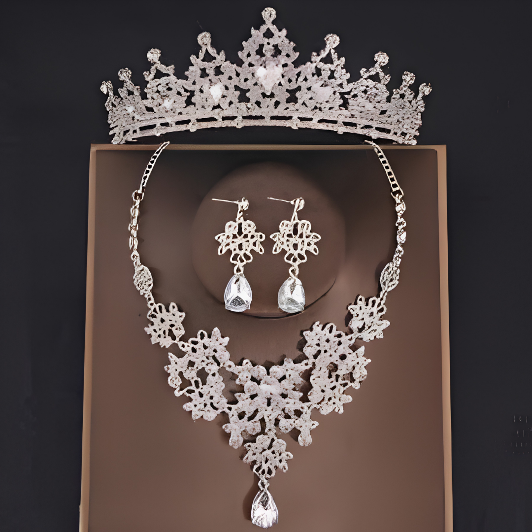 Crystal Crown Necklace and Earring Bridal Jewelry Set 3 Pcs