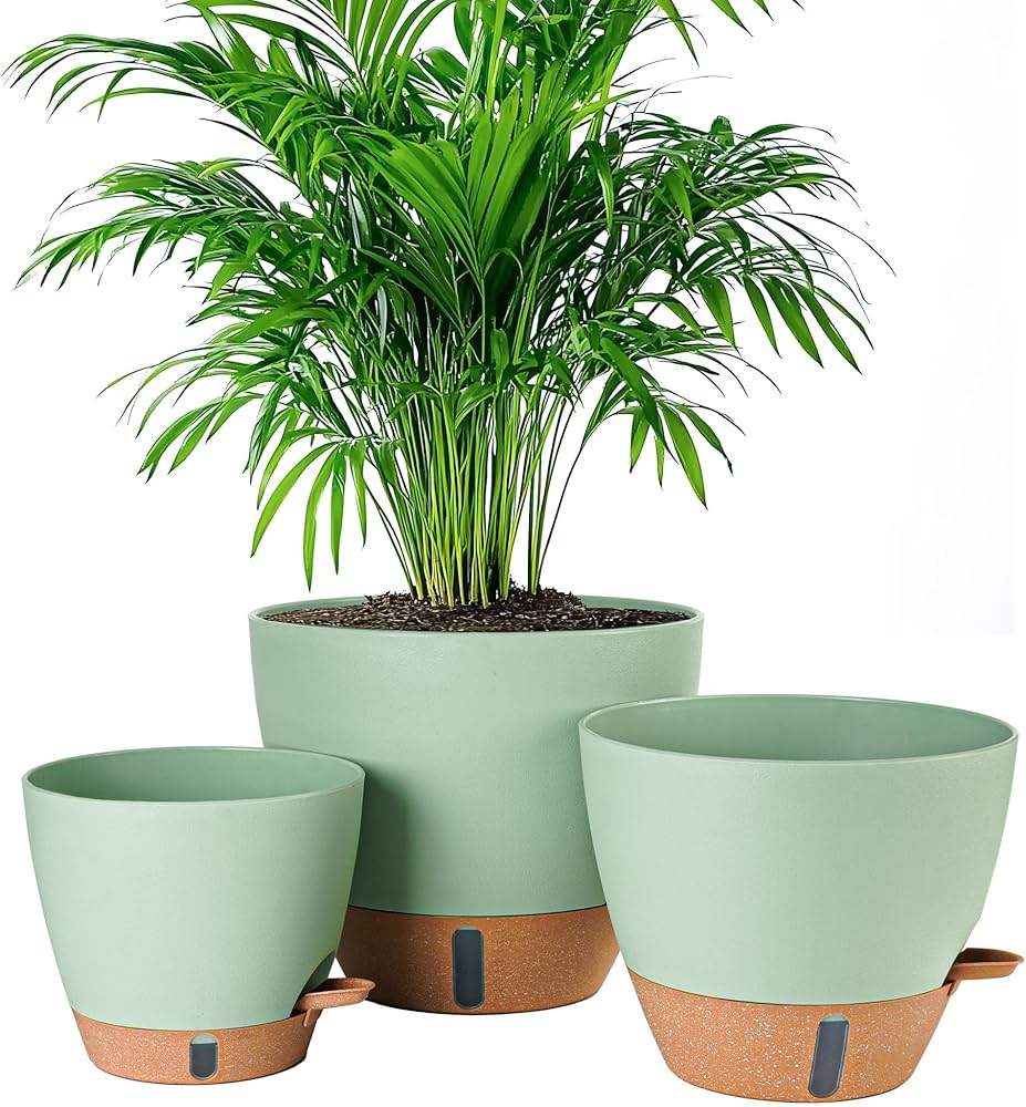 8/10/12 Inch Self Watering Pots for Indoor/Outdoor Plants - Large Plastic Planter with Drainage Holes, Water Level Indicator & Deep Reservoir, Modern Decorative Flower Pots (Green)