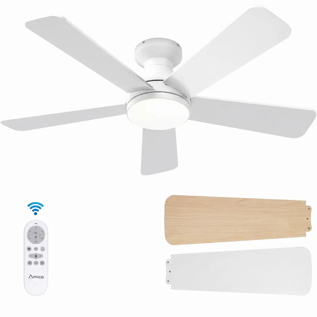 Amico 42 Inch White Low Profile Ceiling Fan with Light and Remote