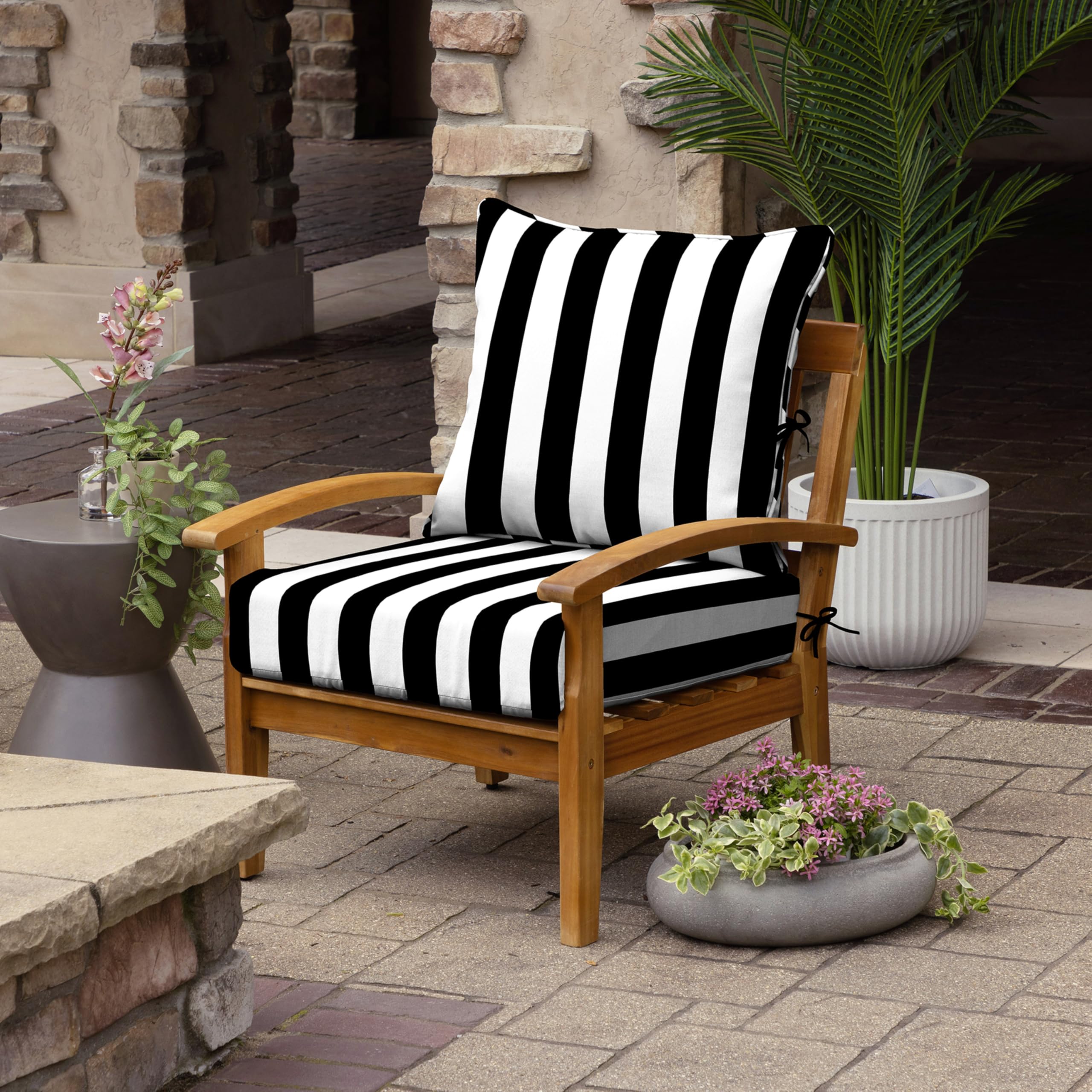 Arden Outdoor Foam Deep Seat Cushion Set, 24x24, Premium High-Density Foam, Never Flattens, Weather-Proof for Patio Chair Sofa Couch, Black Cabana Stripe