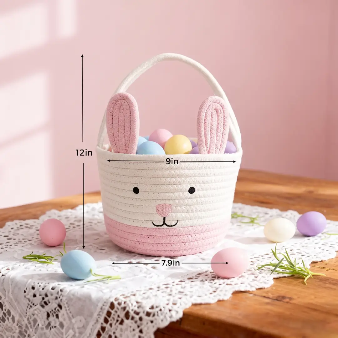 Cute Bunny Easter Basket for Kids Egg Hunting Pink and White image 1