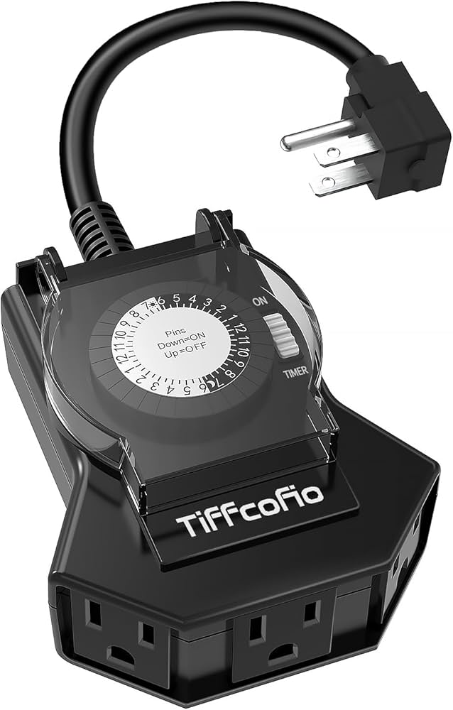 TiFFCOFiO Outdoor Timer Outlet, 24 Hour Mechanical Outdoor Timer for Pool Pump, Outdoor Light Timer Waterproof, 2 Grounded Outlets for Home and Garden, 15A 1/2HP, Heavy Duty, CSA Listed (1 Pack)