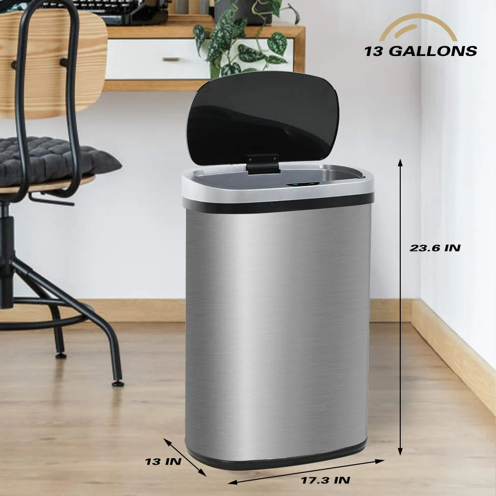 BestOffice | 13 Gallon Trash Can with Lid | Automatic Touchless Garbage Can | Odor Control | Modern Oval Design | Easy to Clean | Stainless Steel | Fits Any Kitchen, Bathroom, Office or Home
