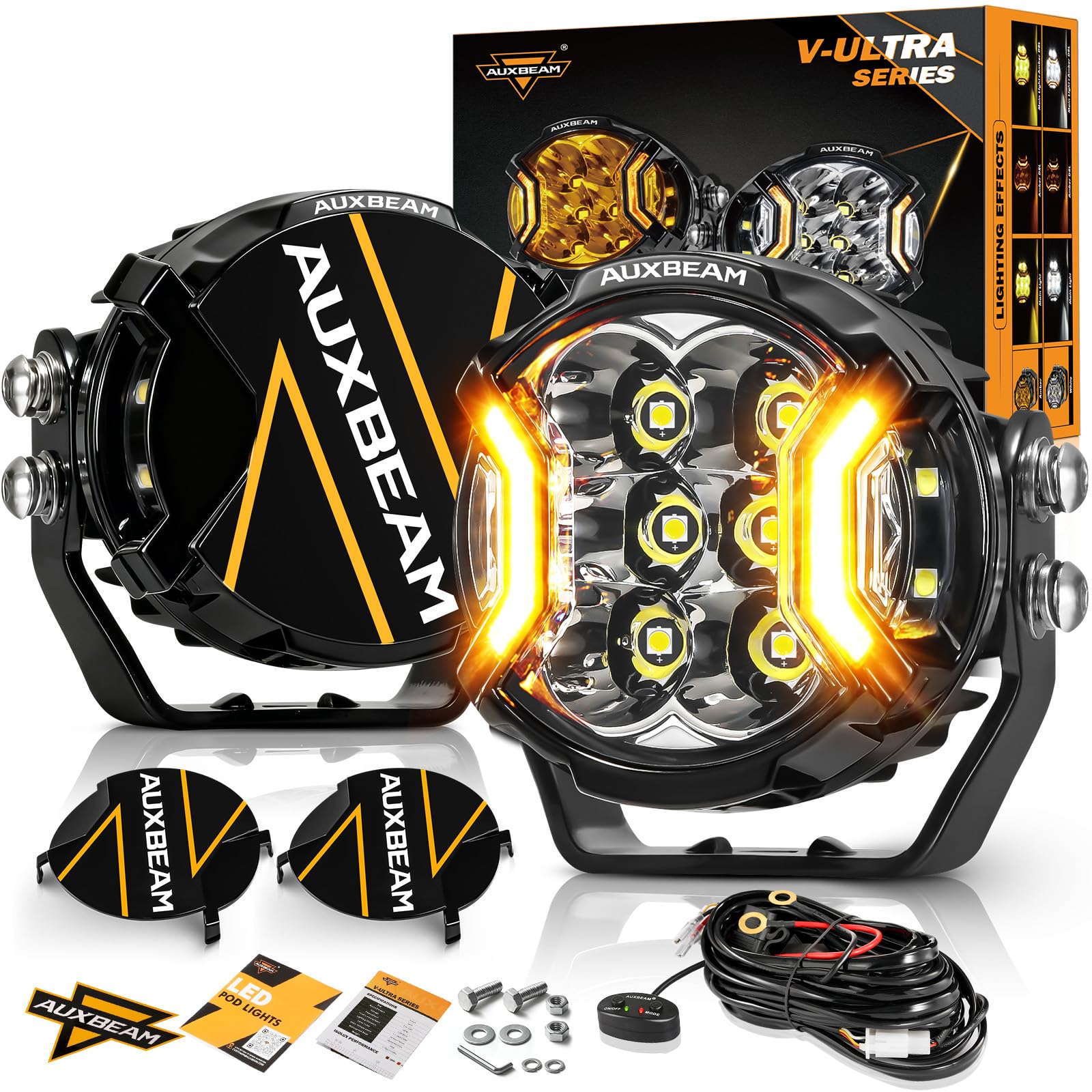 Auxbeam 3 Inch Round Driving Lights, 108W Side Shooter Offroad Pod Lights with Amber DRL, 270° Ultra-Wide Ditch Light Hyper Spot Beam Work 3 Modes White Amber Yellow Cube Pod with Covers, Pair