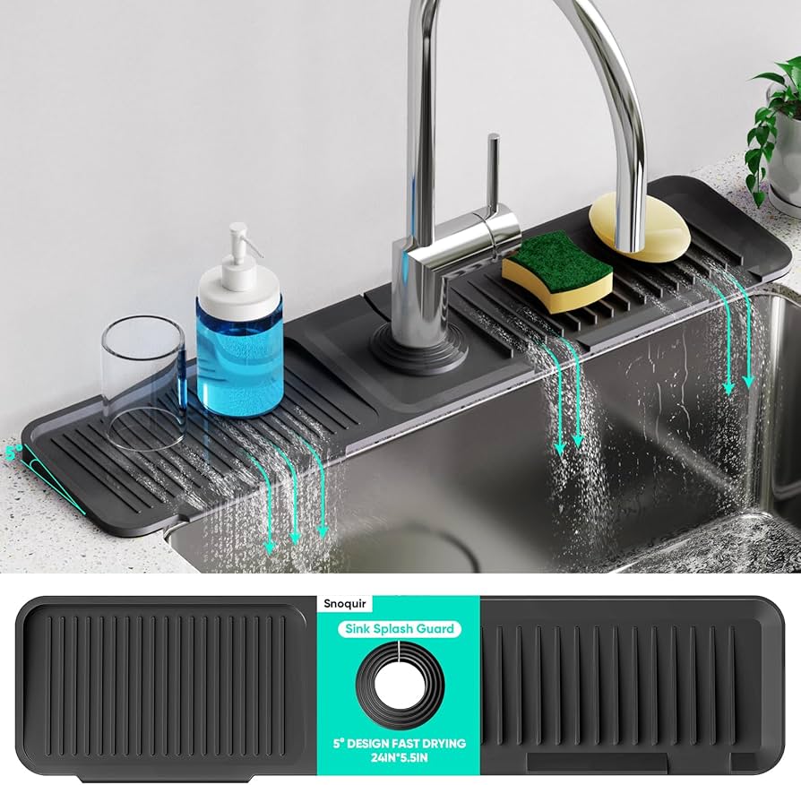 24 Inch Longer Faucet Mat for Kitchen Sink, 5° Slope Fast Self-draining, Kitchen Sink Splash Guard Silicone Sink Faucet Mat Splash Guard Kitchen Sink Area Tidy Splash Faucet Guard Draining Mat