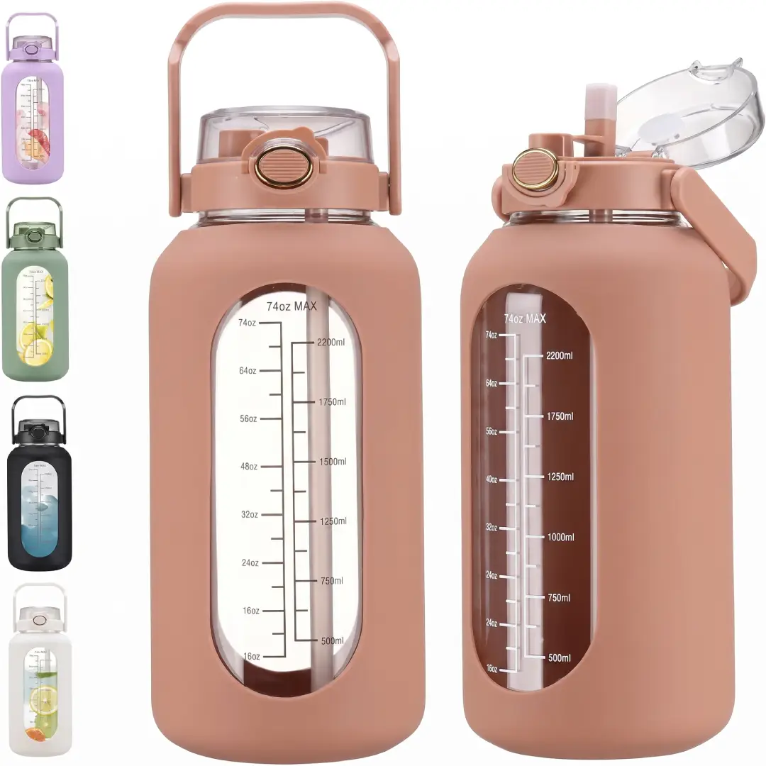 74 oz Glass Water Bottle with Straw and Time Marker image 1