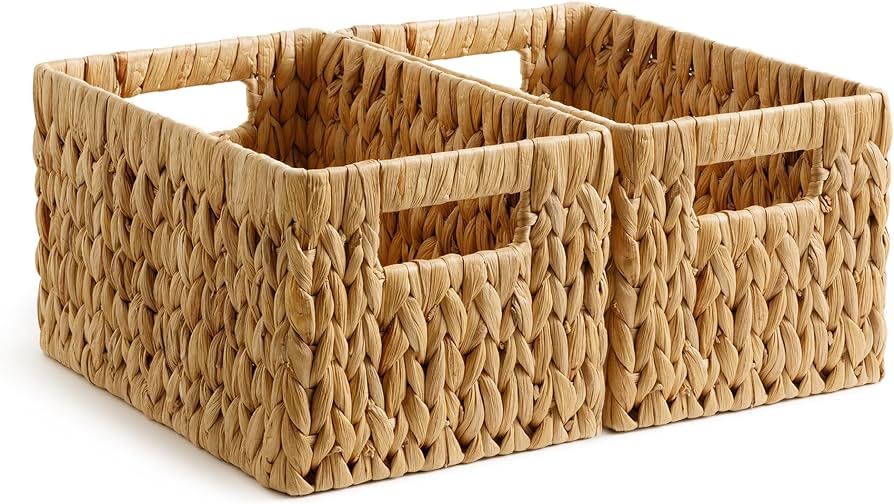 StorageWorks Wicker Basket, Baskets for Organizing, Storage Basket with Built-in Handles, Water Hyacinth Shelves (Medium 2-Pack, Natural Hyacinth)