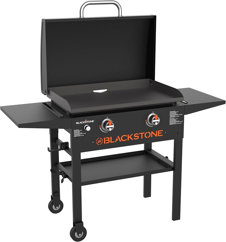 BLACKSTONE 1883 Original 28” Griddle with Integrated Protective Hood and Counter Height Side Shelves, Powder Coated Steel, Black