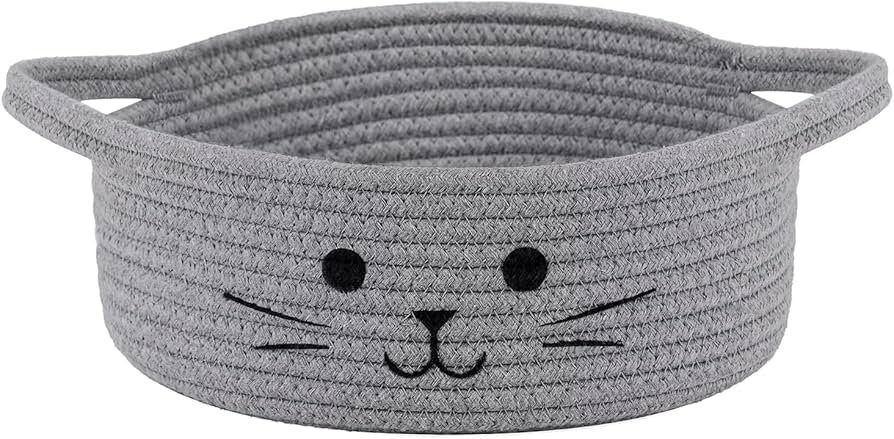 9.8" x 4" Small Cat Toy Basket - Gift Baskets Empty for Baby Shower Baby Baskets for Nursery Cute Woven Rope Storage Basket for Home Decor, Cat Pet toy box, Grey Easter basket, 1Pack