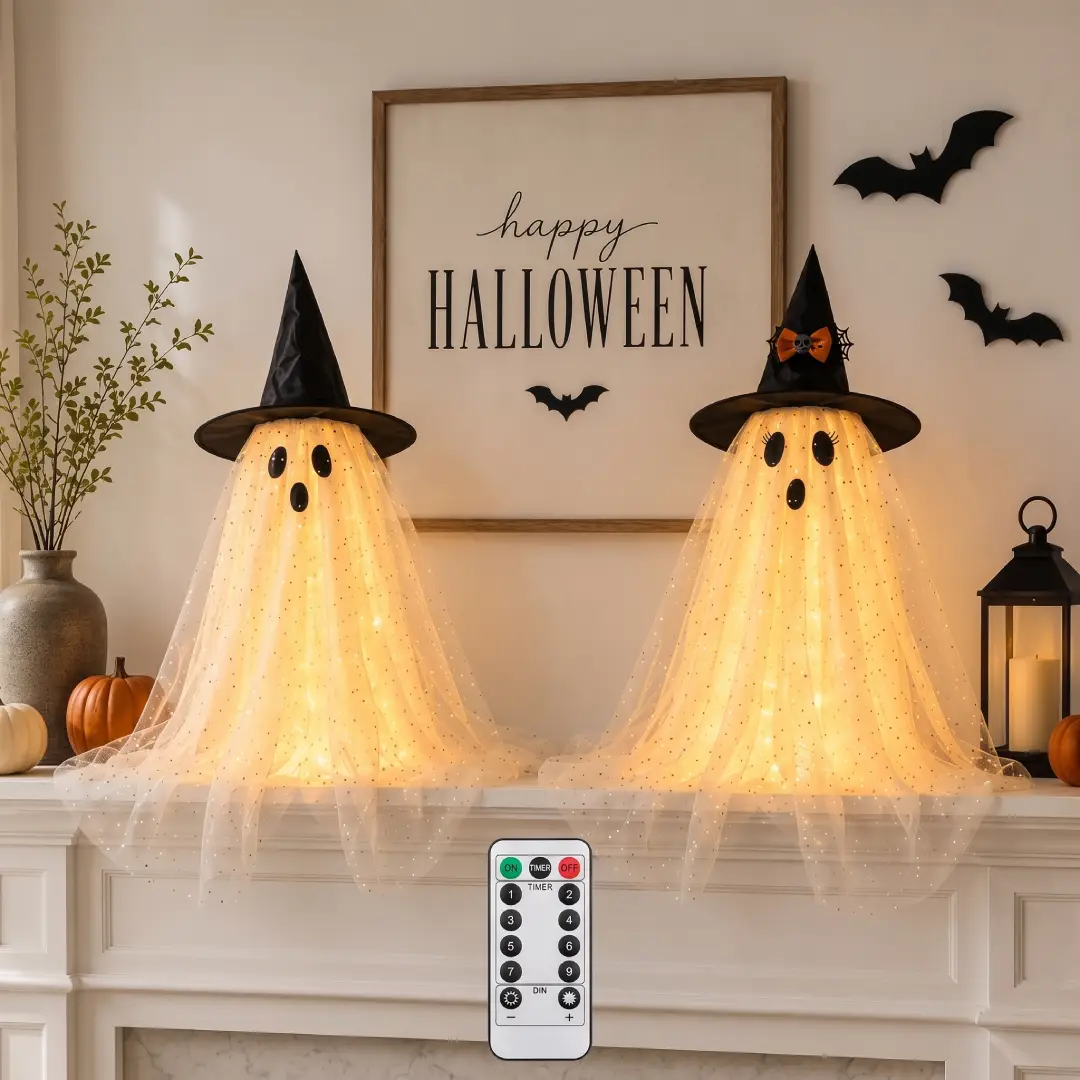 2-Piece Halloween Ghost Decorations with String Lights & Remote – Indoor Spooky Ghost Decor for Home & Parties image 2