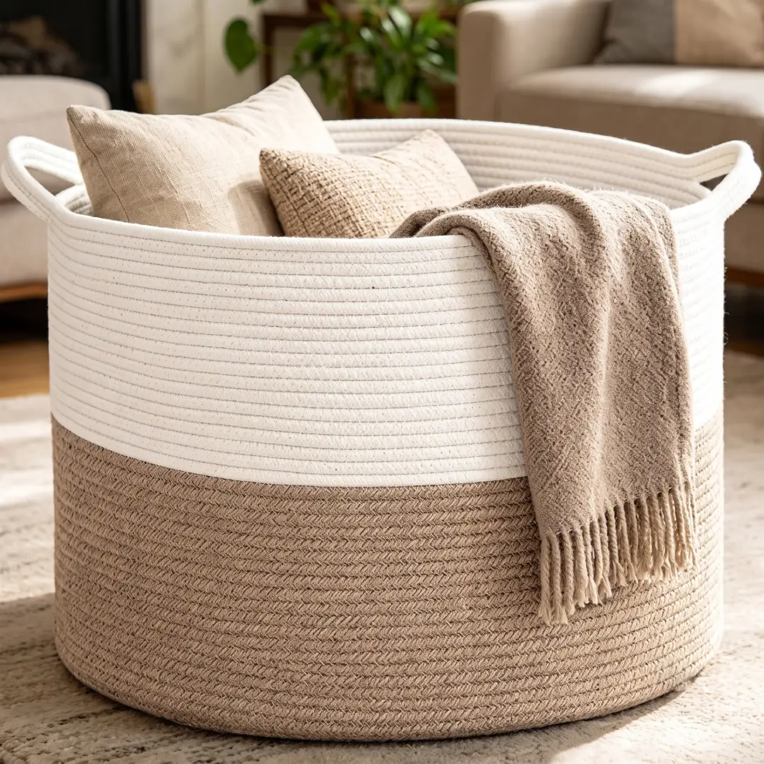 65L Large Woven Cotton Rope Blanket Basket with Handles image 1
