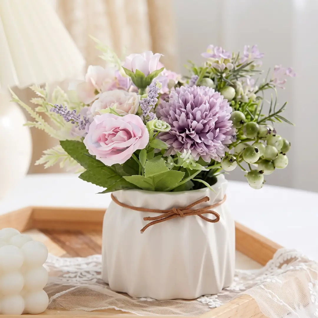 Artificial Hydrangea Flowers with Ceramic Vase Centerpiece