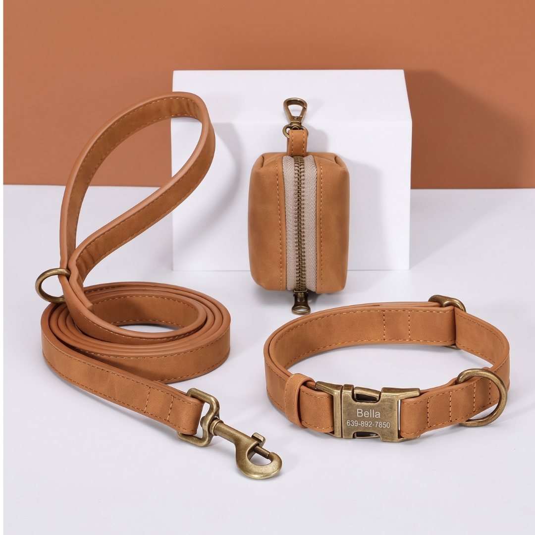 Personalized PU Leather Dog Collar Leash Bag Set