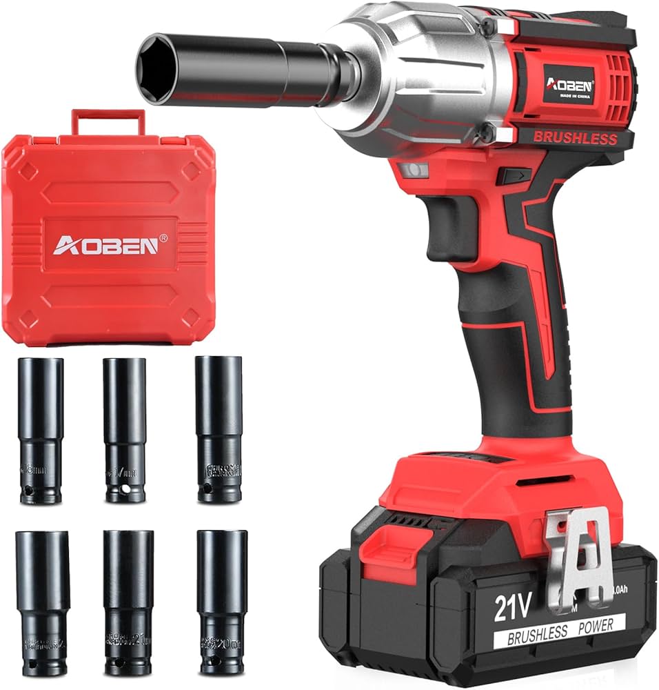 AOBEN Cordless Impact Wrench 1/2 Inch, Power Impact Gun Kit, Max 600N. M/450Ft-lbs High Torque Electric Impact Driver for Car RV Tire, 4.0Ah Battery, Charger, 6 Sockets & Storage Tool Case