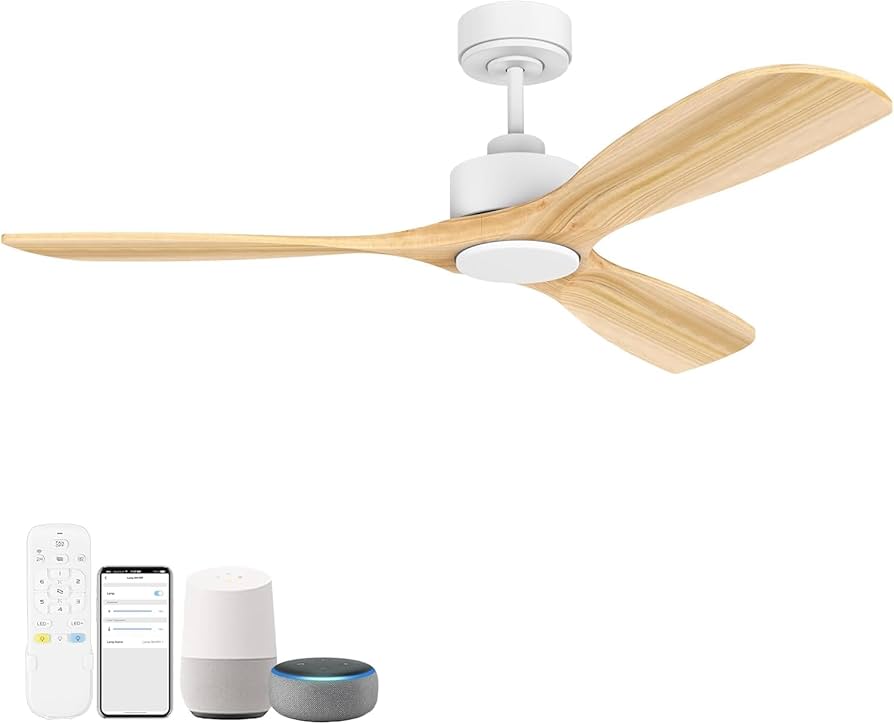 Hoenofly Smart 52” Wood Flush Mount Ceiling Fans with Lights and Remote,Quiet DC Motor,Outdoor Indoor Ultra Low Profile Ceiling Fan works with Alexa WIFI APP,Modern White Ceiling Fan for Bedroom Patio