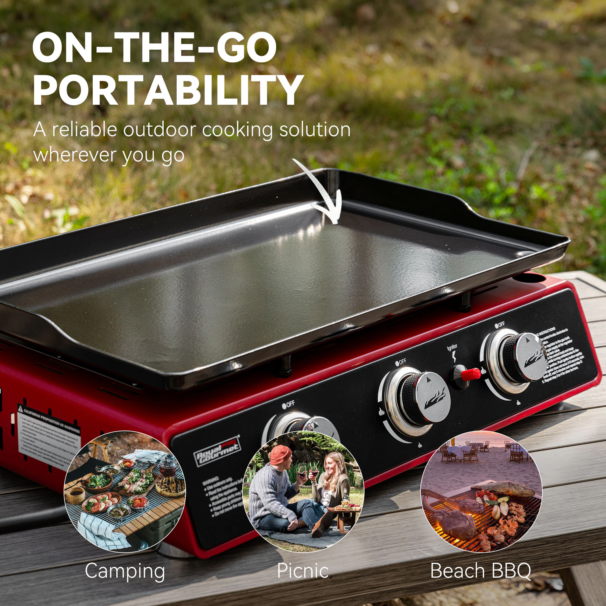 Royal Gourmet PD1301R 3 Burner Tabletop Propane Gas Griddle with Cover, 24 Inch Portable Griddle with 25,500 BTUs Output for Outdoor Cooking While Camping or Tailgating, Red
