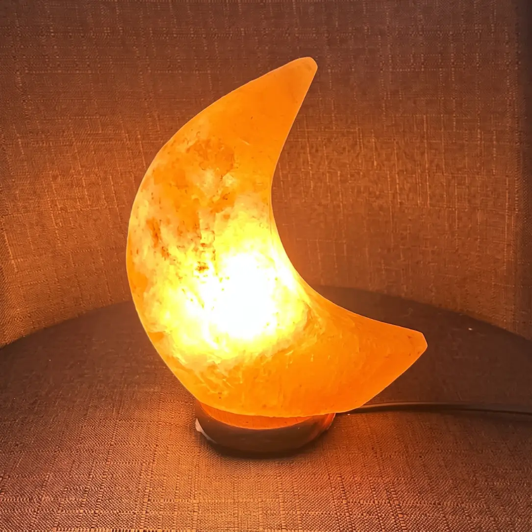 100% Authentic Natural Himalayan Salt Lamp; Hand Carved Moon Pink | Crystal Rock Salt from Himalayan Mountains; Dimmer Cord