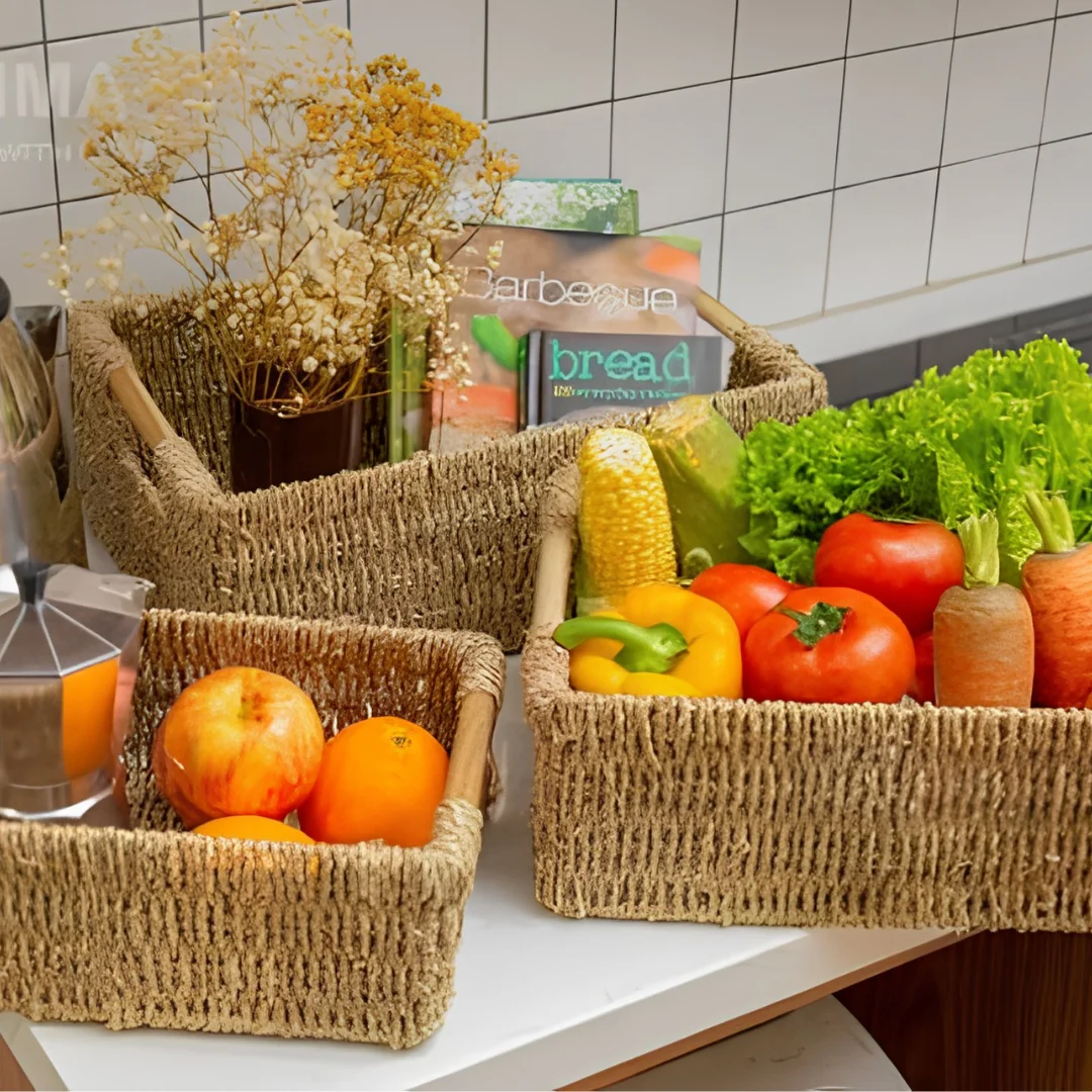 Small Seagrass Woven Storage Baskets for Kitchen and Pantry 3 Set image 2
