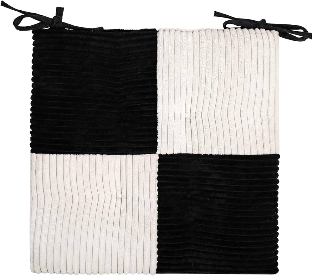 Office Stacking Chair Cushion with Ties, Corduroy High Density Foam Non-Slip Kitchen Seat Cushion, Square 17" x 17" Indoor Dining Chair Pads, Black+ Brown, 1 PCS