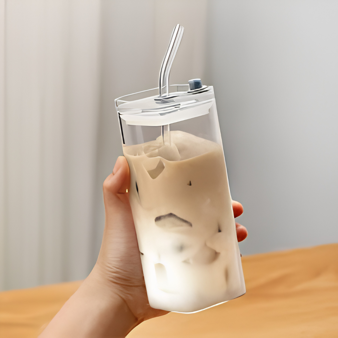 Square Glass Coffee Cup with Lid and Straw Heat Resistant Mug image 2