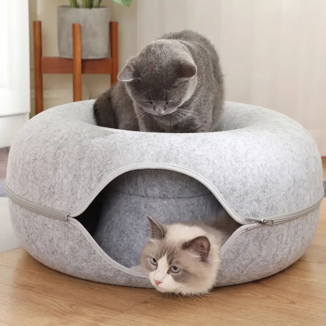 B-Tunnel Donut Cat Bed with Interactive Tunnel, Felt Indoor Cat House & Toy image 3