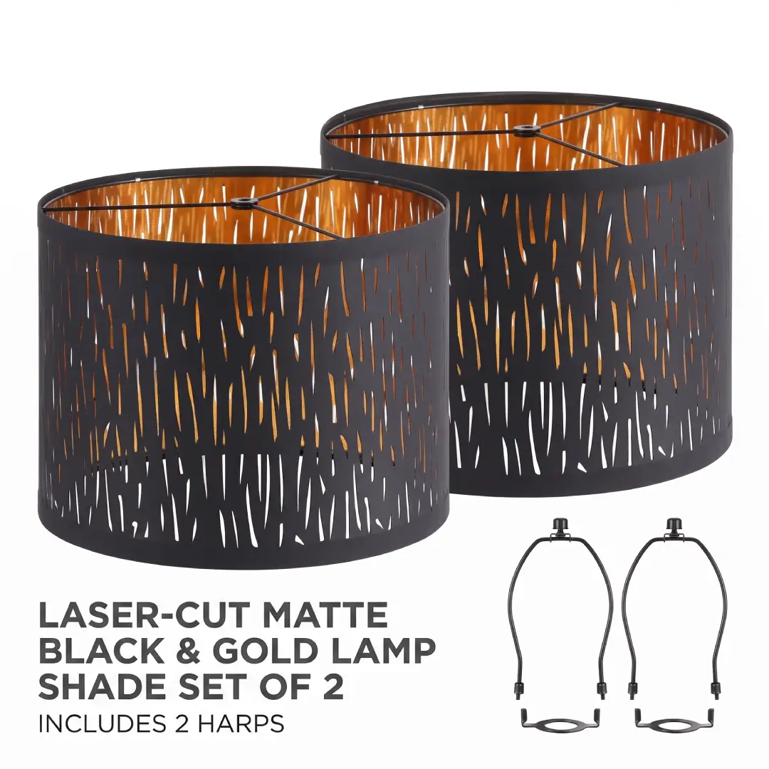 Black Drum Lampshades Set of 2 with Hollow Carved Design