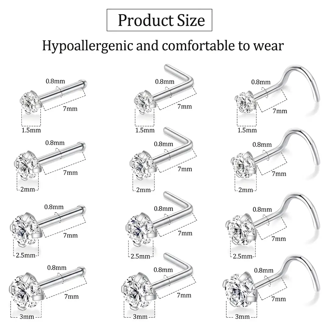12 Pcs Surgical Steel Nose Rings and Studs Set 20G image 6
