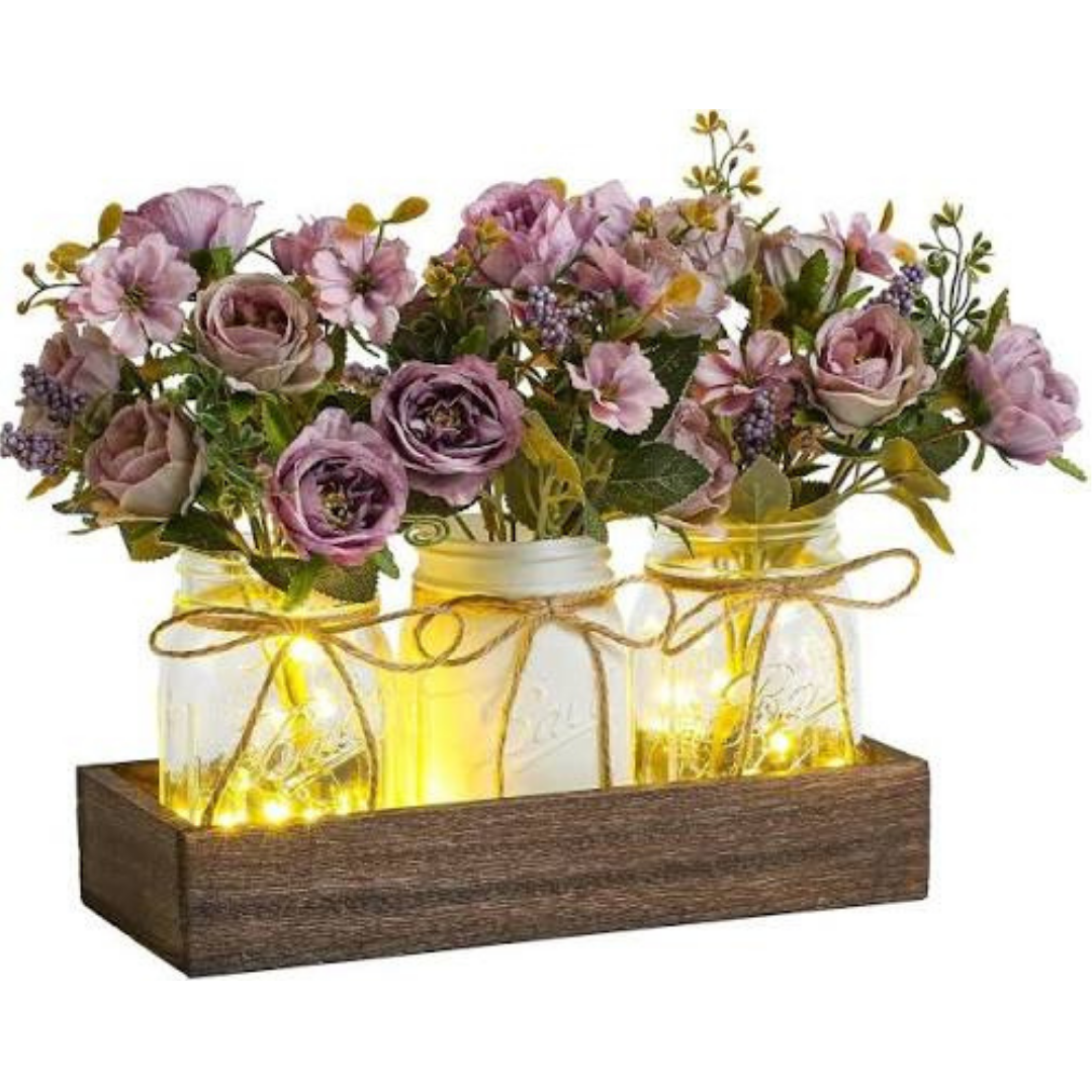 Mason Jar Centerpiece with Wood Tray and LED Lights 3 Pcs image 2