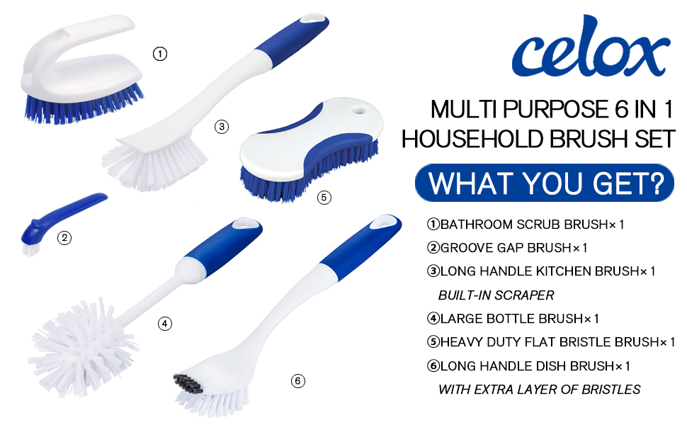 CELOX Kitchen Scrub Brush Set with Ergonomic Handle, Deep Cleaning Brushes, Include Dish Brush (Blue)