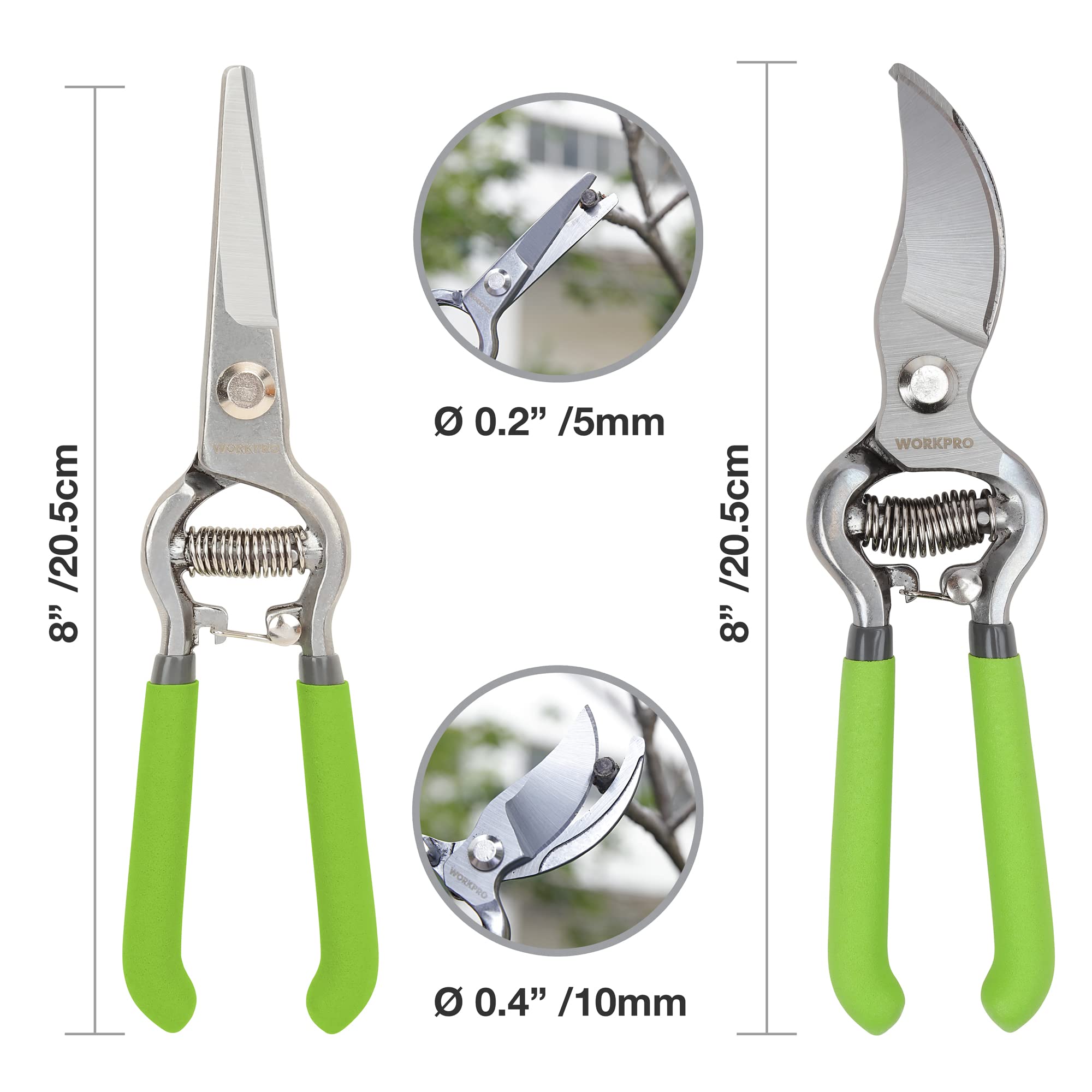 WORKPRO 8.5" Bypass Pruning Shears, Professional Garden Shears with Forged Steel Blades, 3/4" Cut Capacity, Spring-Loaded, Safety Lock, Hand Pruner & Plant Clippers for Trimming, Bonsai, Flowers