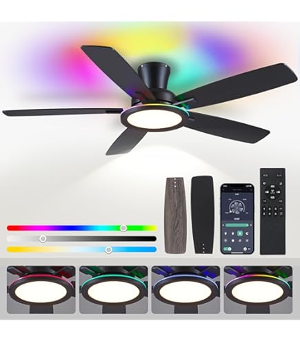 Surtime 46" Black Ceiling Fans with RGB Lights - Flush Mount Ceiling Fan Light with LED 3CCT Dimmable, Modern Low Profile Ceiling Fans for Indoor Party,Covered Outdoor