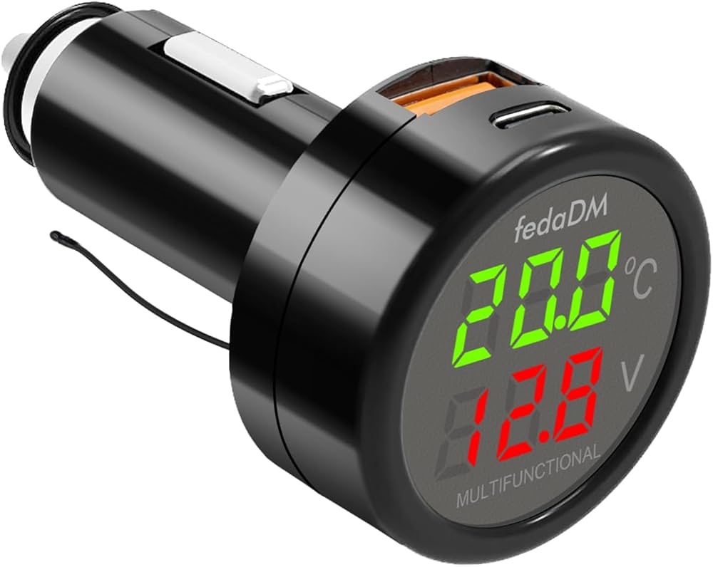 4 in 1 Car Voltmeter,USB Charger Adapter QC3.0+PD3.0 Auto Cigarette Lighter Voltage Meter Vehicle Temperature Gauge Battery Tester Monitor with LCD Digital Display for 12V/24V Truck,SUV,Bus