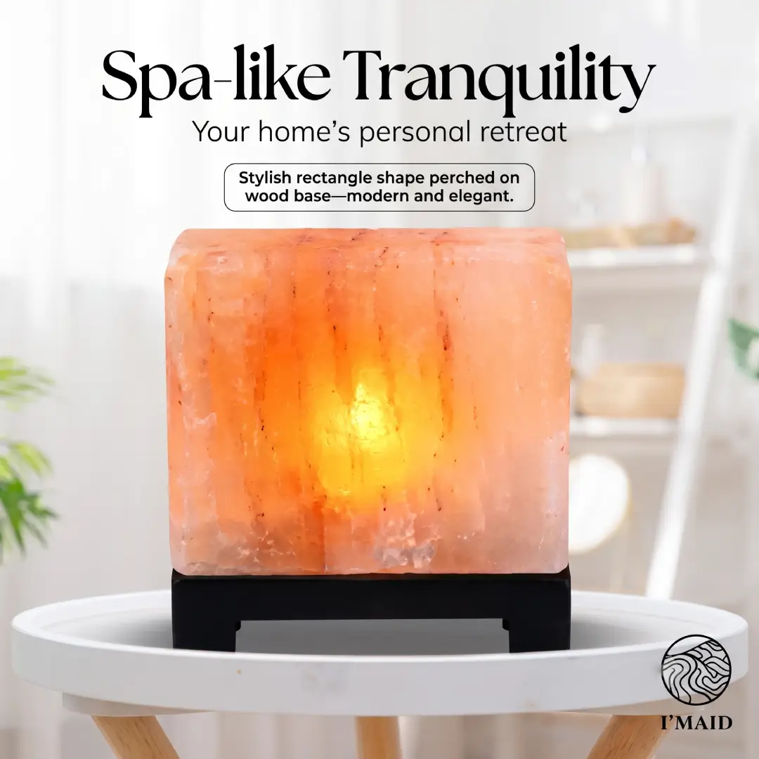 Rectangle Himalayan Salt Lamp with Wood Base and Dimmer