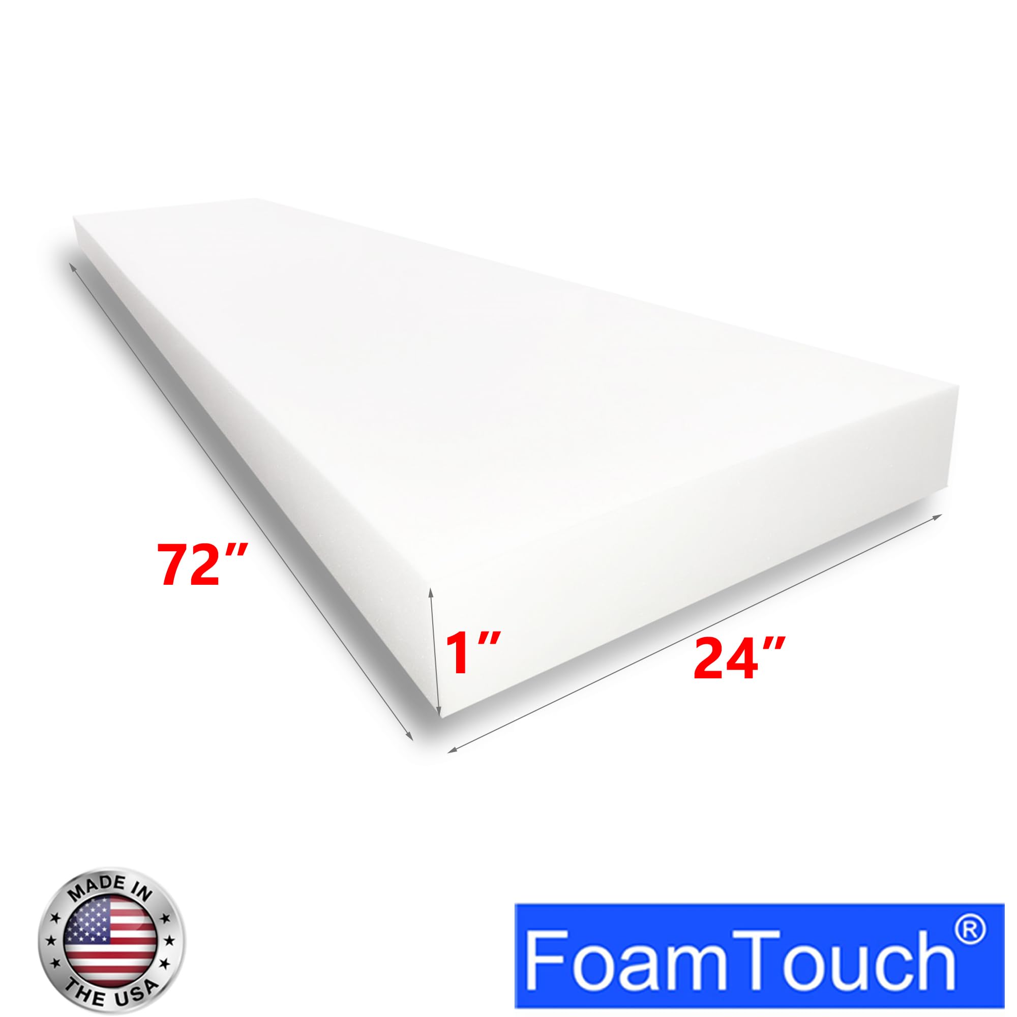 FoamTouch High Density Upholstery Foam (1" x 24" x 72"), 1.79LB Density-45LB ILD, Made in USA – Ideal for Couch Cusions, Chair Cushions, Bench Cushions and Varity of Upholstery Projects