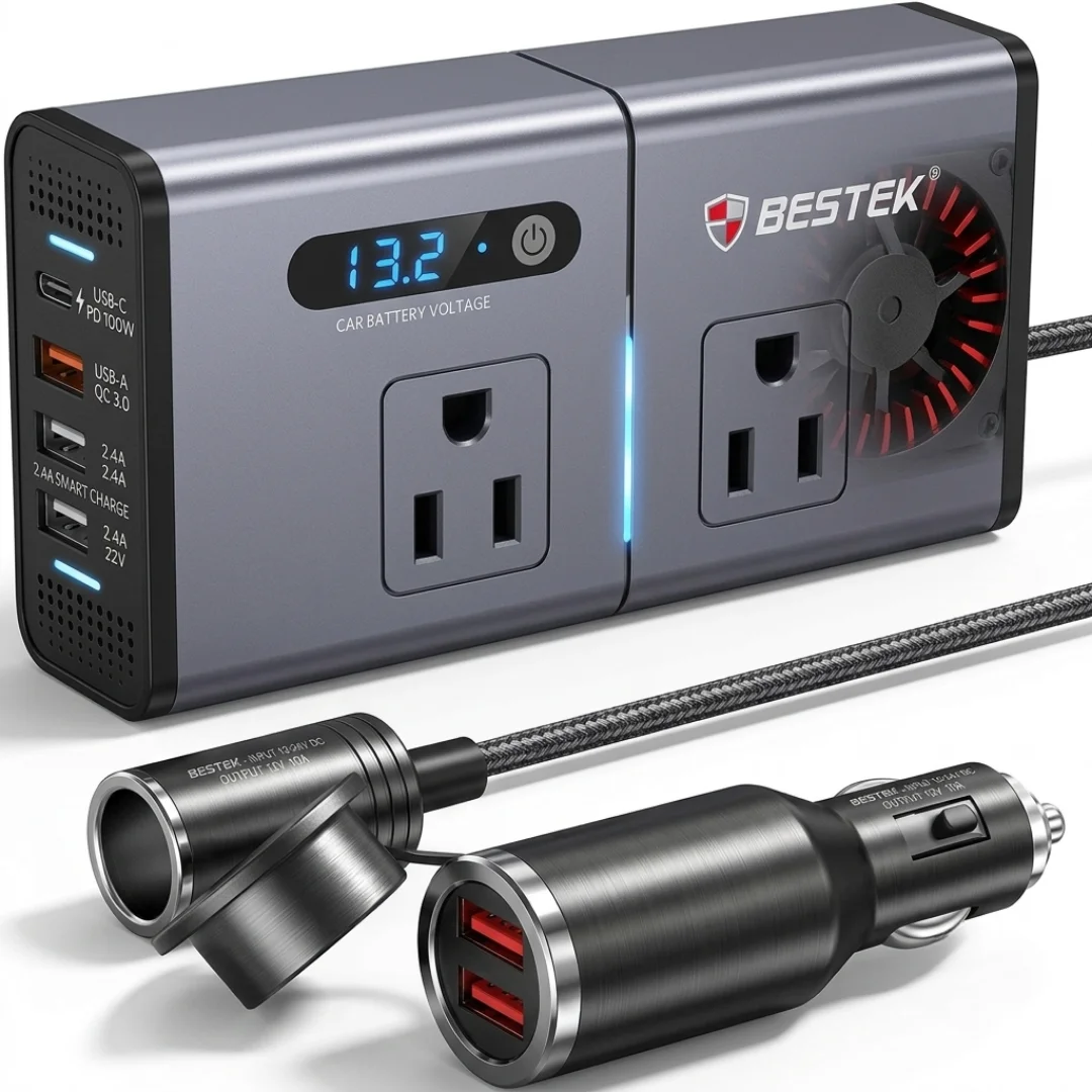 BESTEK 200W Car Power Inverter 12V to 110V with USB-C and Dual AC Outlets image 2