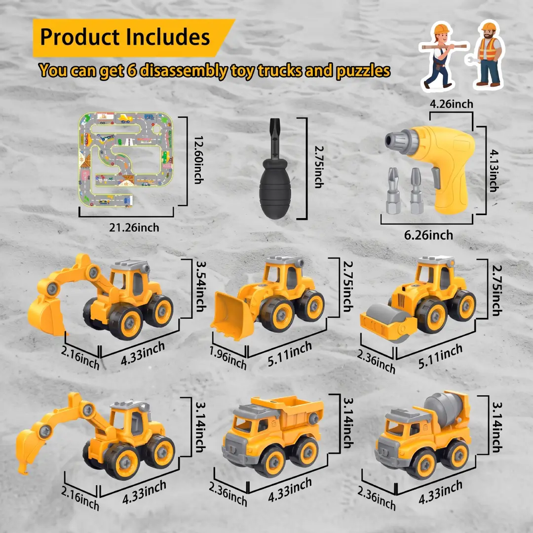 6-in-1 Take Apart Construction Truck Set with Electric Drill – STEM Building Toy for Kids image 2